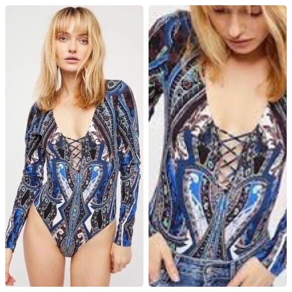 Free People Pick A Place Long Sleeve Blue Paisley Print Bodysuit XS NWT